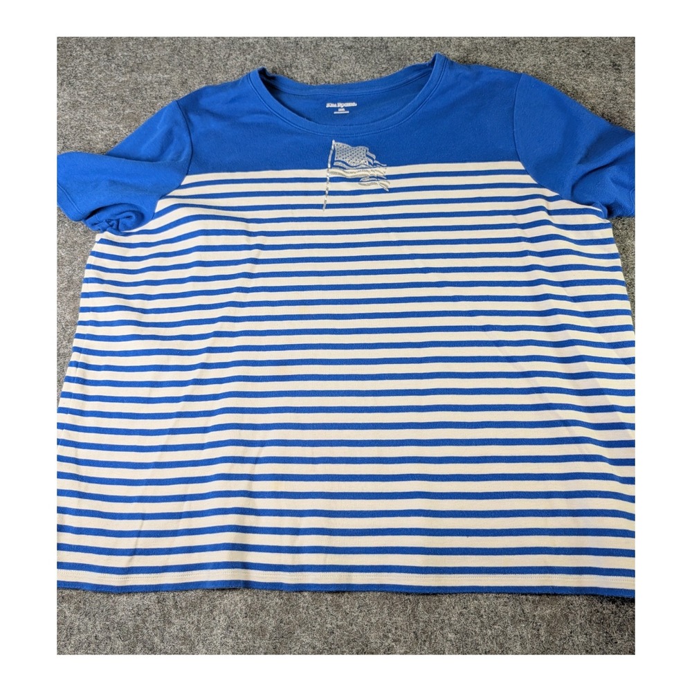 Kim Rogers Womens XXL Blue White Striped Glitter American Flag Top Short Sleeve
